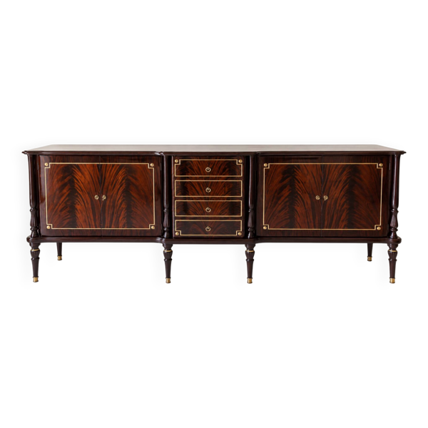 Enfilade-bar vintage en acajou verni et laiton, style Louis XVI