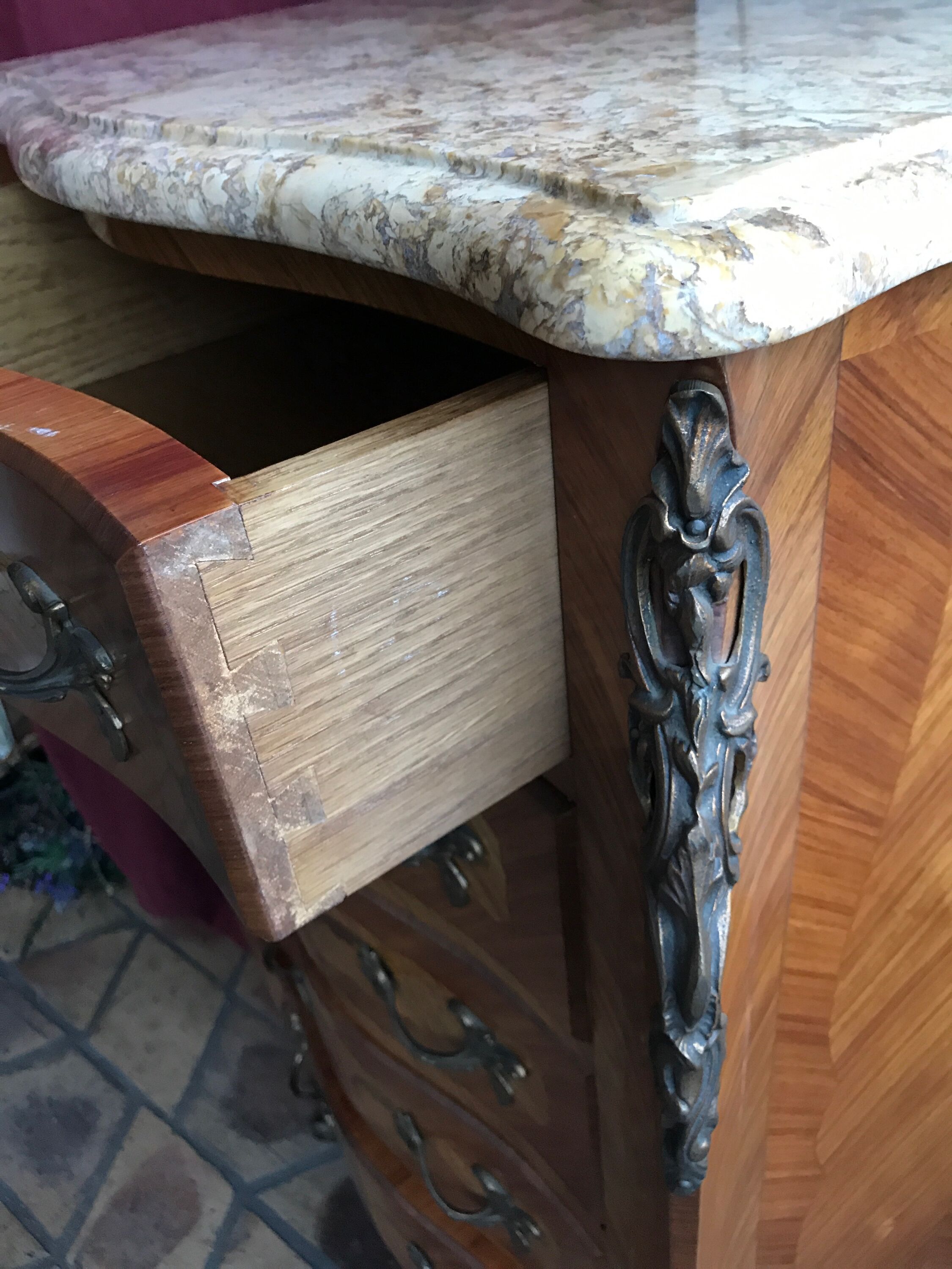 Chest in marquetry style Louis XV marble top