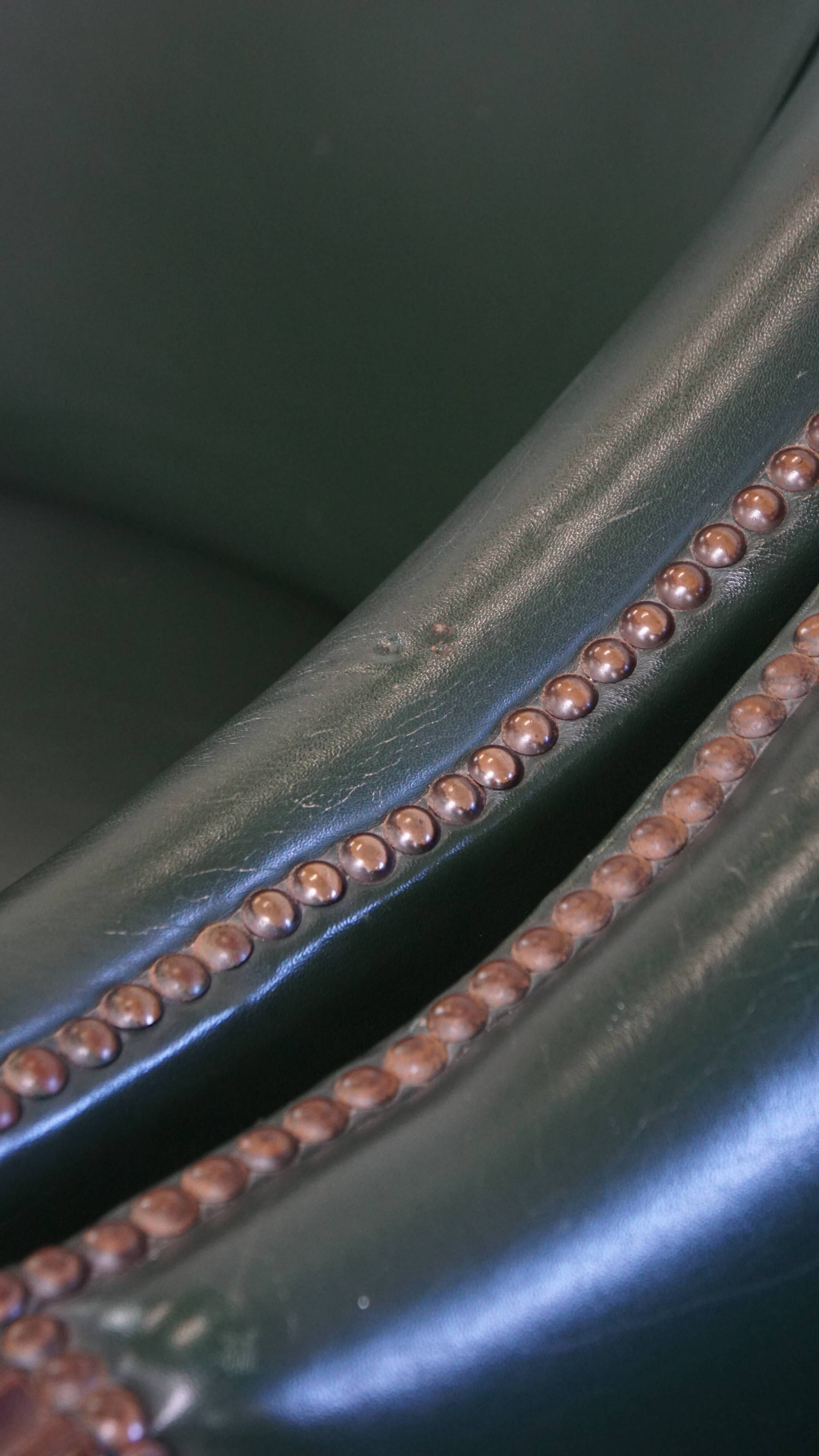 Set of 2 Green Cowhide Leather and Wooden Side/Dining/Office Chairs