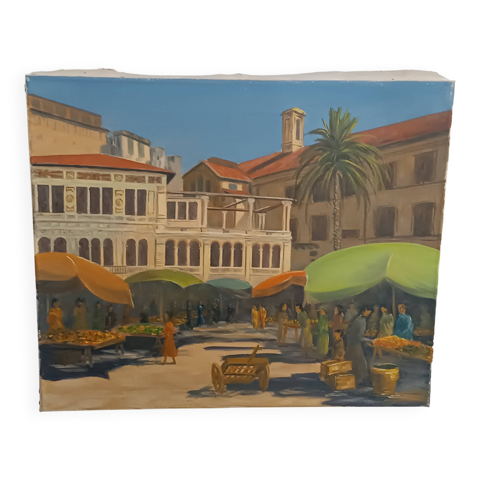 Original oil painting, Provençal market in Nice, France, Grether, 1948