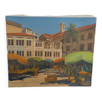 Original oil painting, Provençal market in Nice, France, Grether, 1948