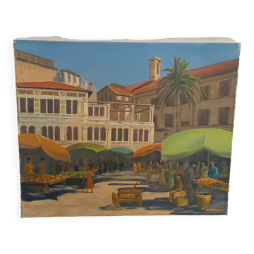 Peinture à l'huile originale marché provençal à Nice France Grether 1948