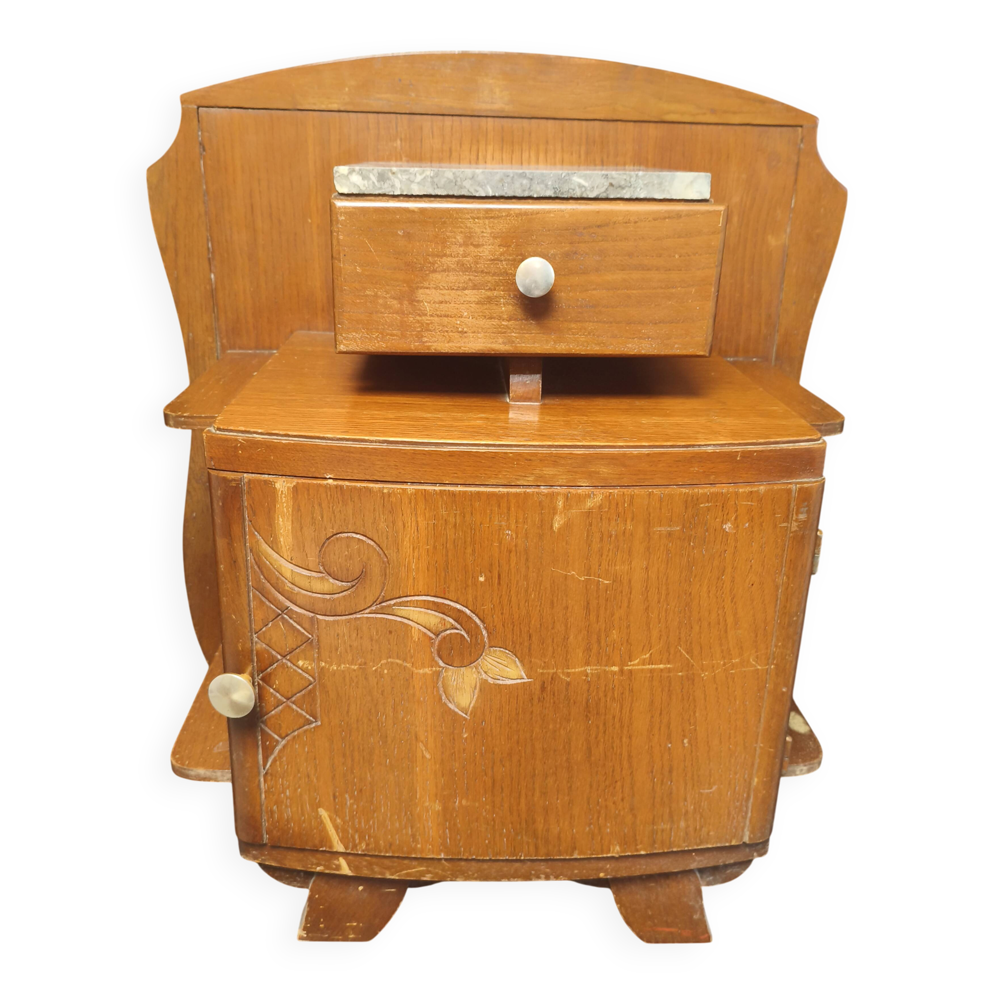Art Deco bedside table from the 1930s, wooden marble vintage nightstand.