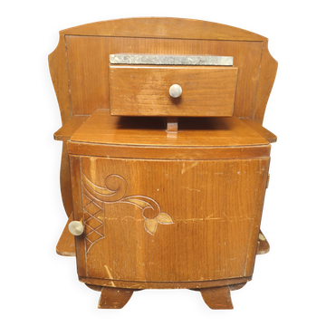 Art Deco bedside table from the 1930s, wooden marble vintage nightstand.