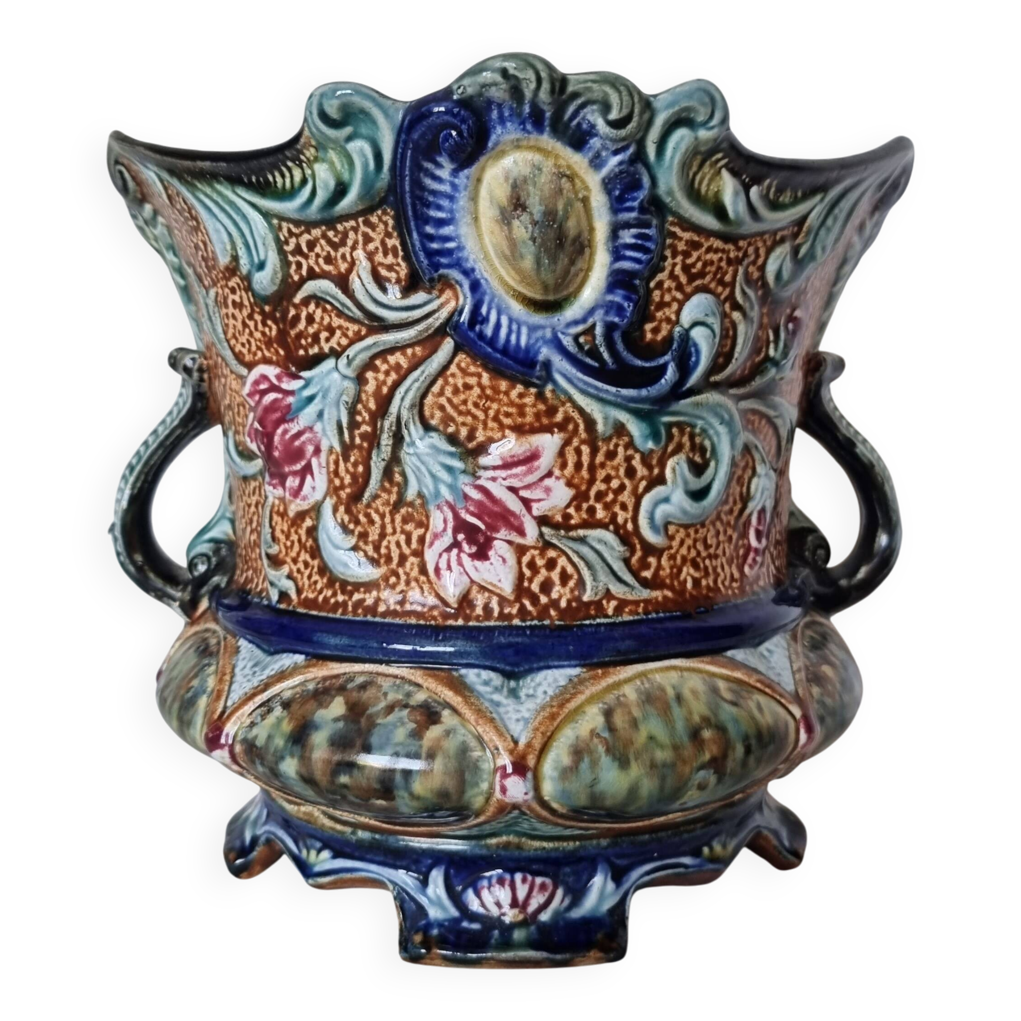 Antique ceramic macetero Barbotines Onnaing Siglo XIX Art Nouveau