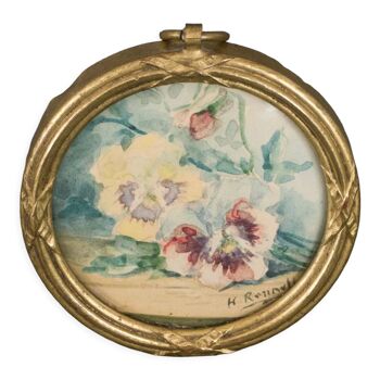 Aquarelle sur papier par H. Renaud Miniature Bouquet de Fleurs