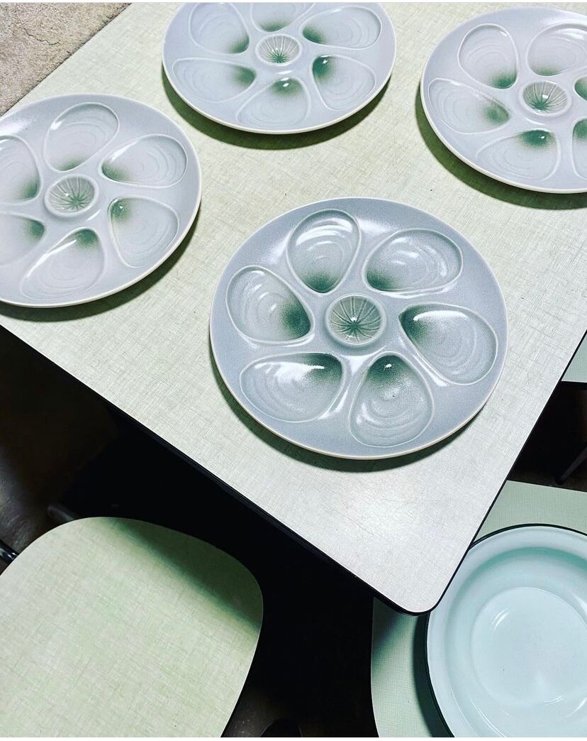 Salins factory oyster plates in water green colors