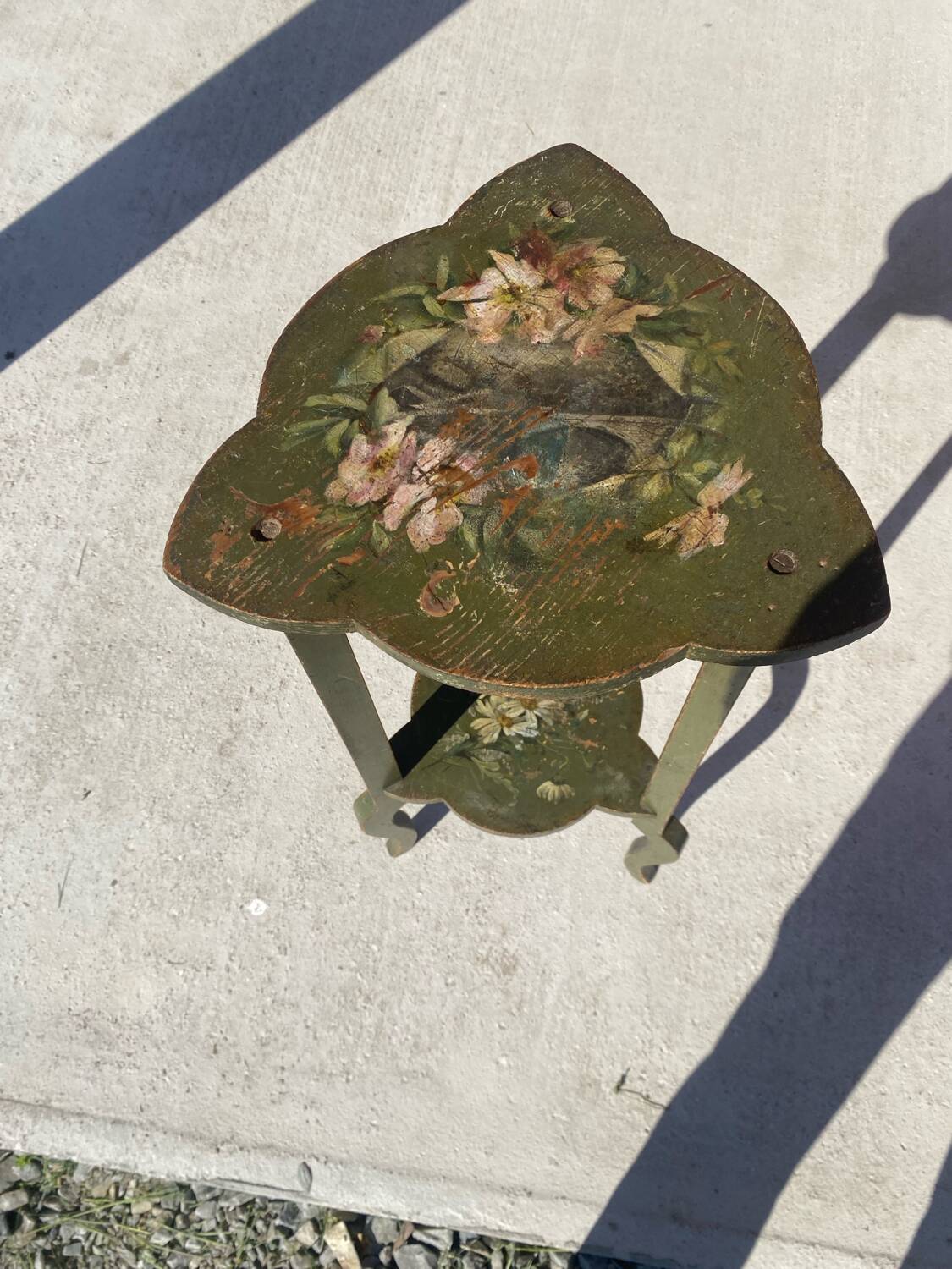 Wooden pedestal table or side table painted with floral motifs