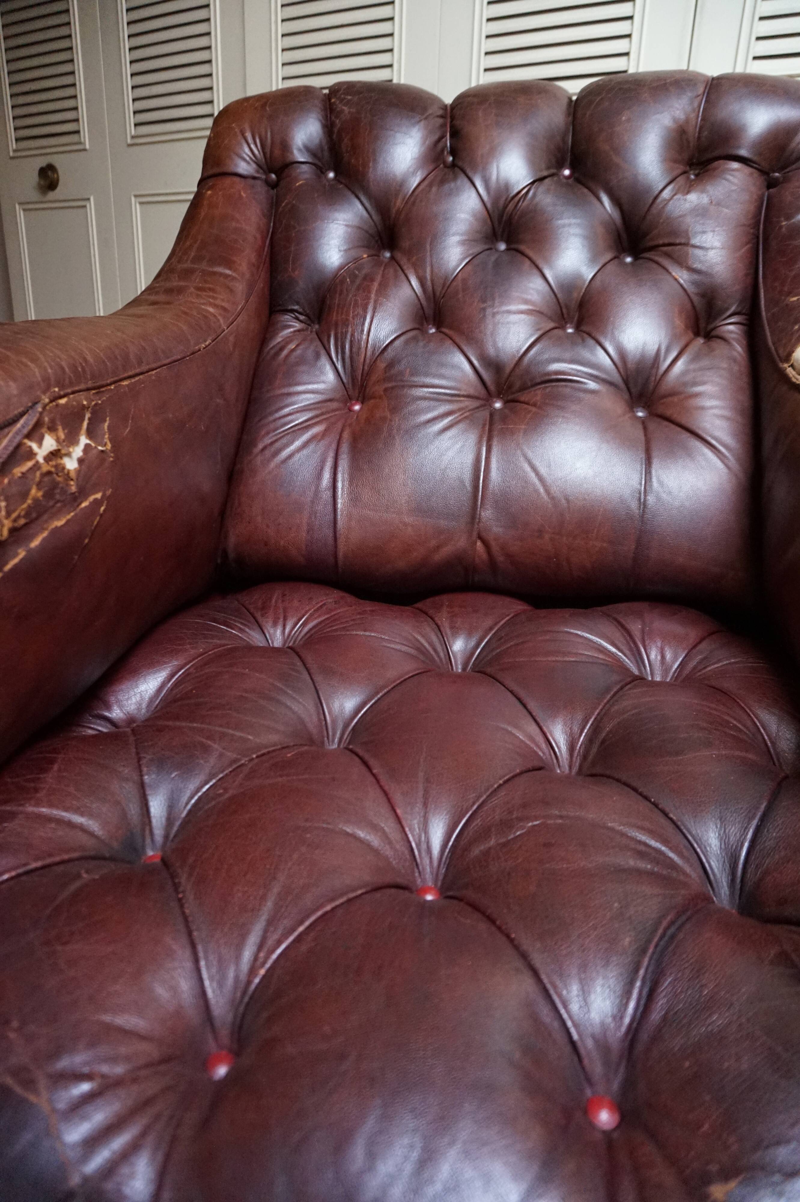 Worn Leather Buttoned Library Fireside Armchair, 1840's