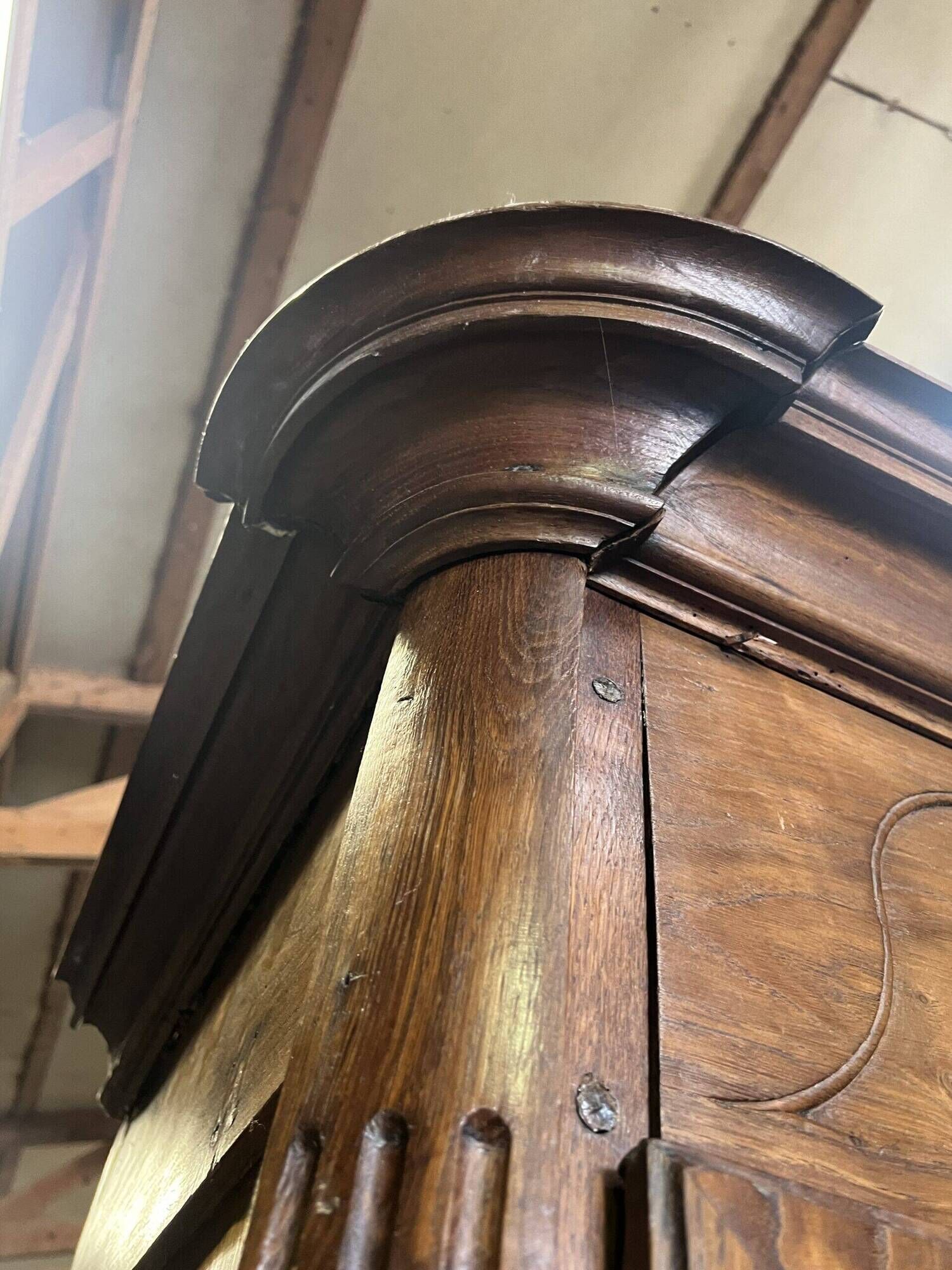 Very beautiful and old carved wooden wardrobe from the 19th century, small size, height 211 cm.