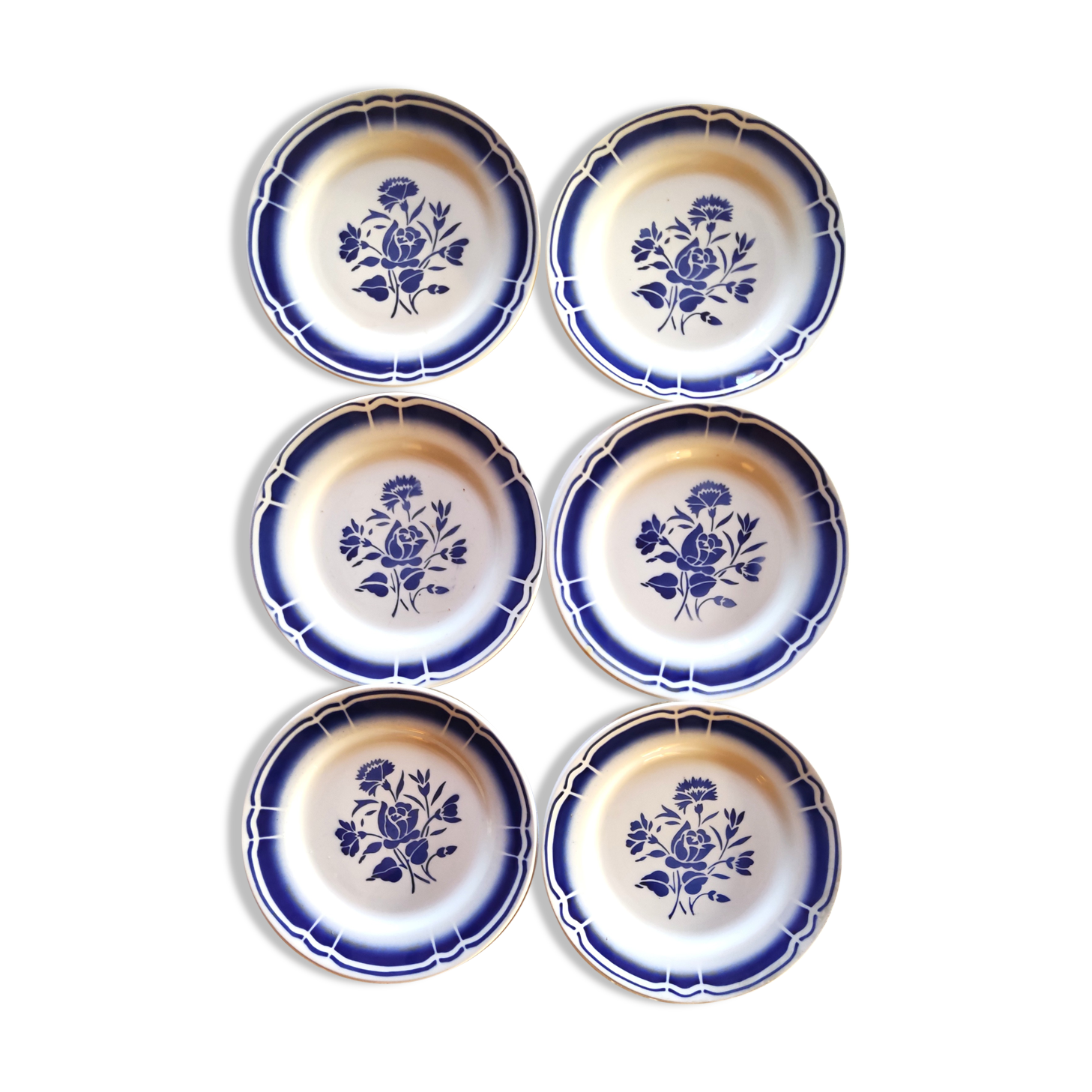 6 blue and white Badonvilliers dessert plates
