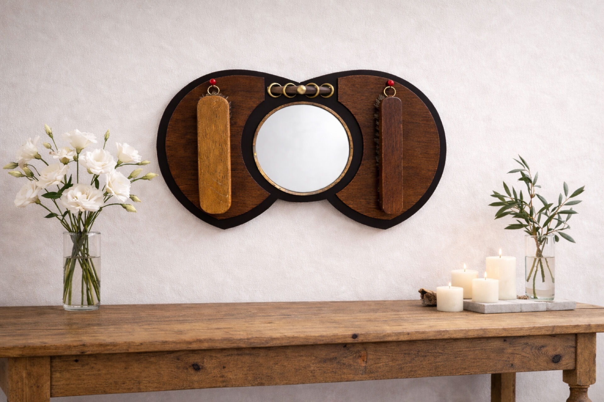 Art Deco mirror from the Amsterdam School, oak and brass set from the 1920s.
