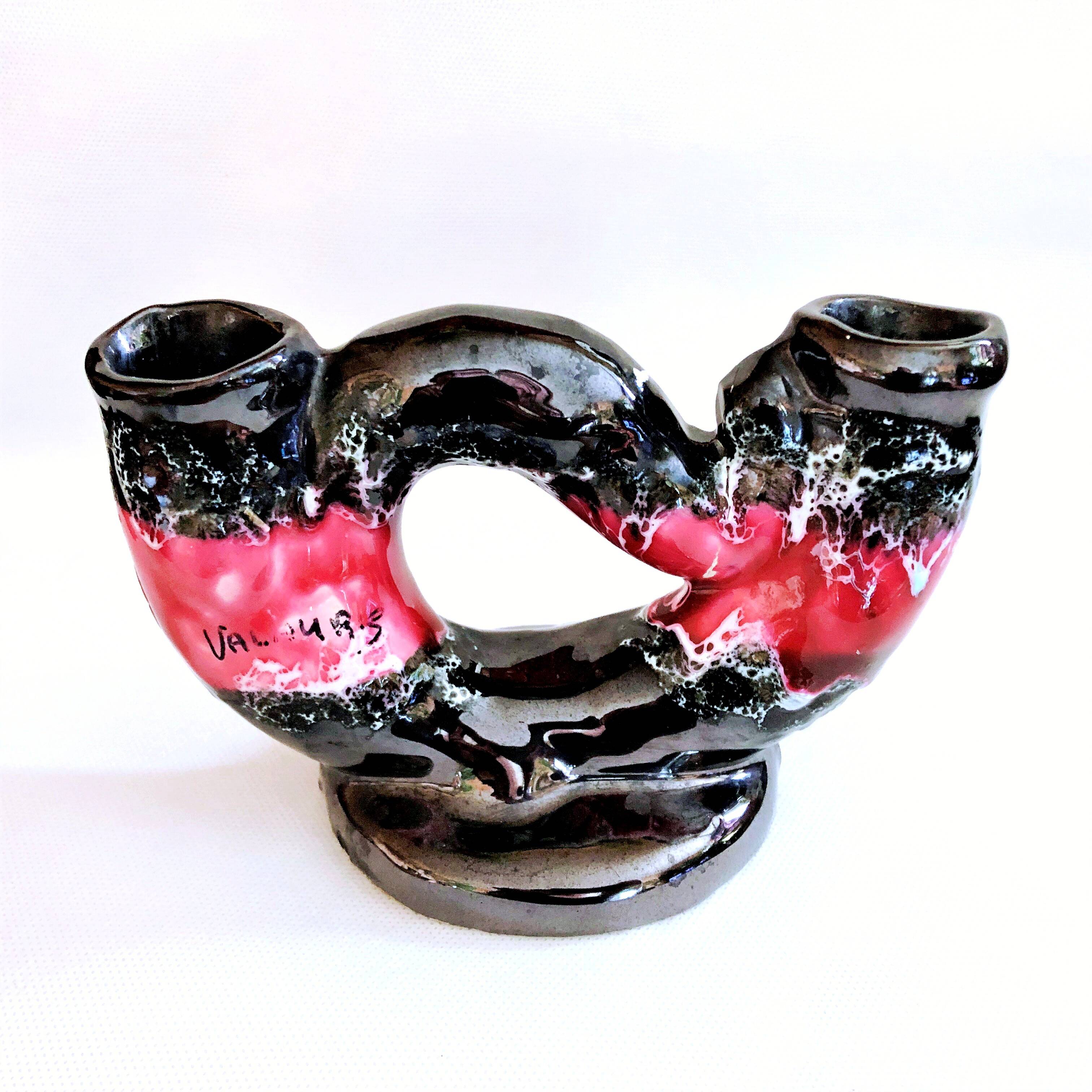 Vintage artisanal two-tone earthenware candle holder Vallauris France