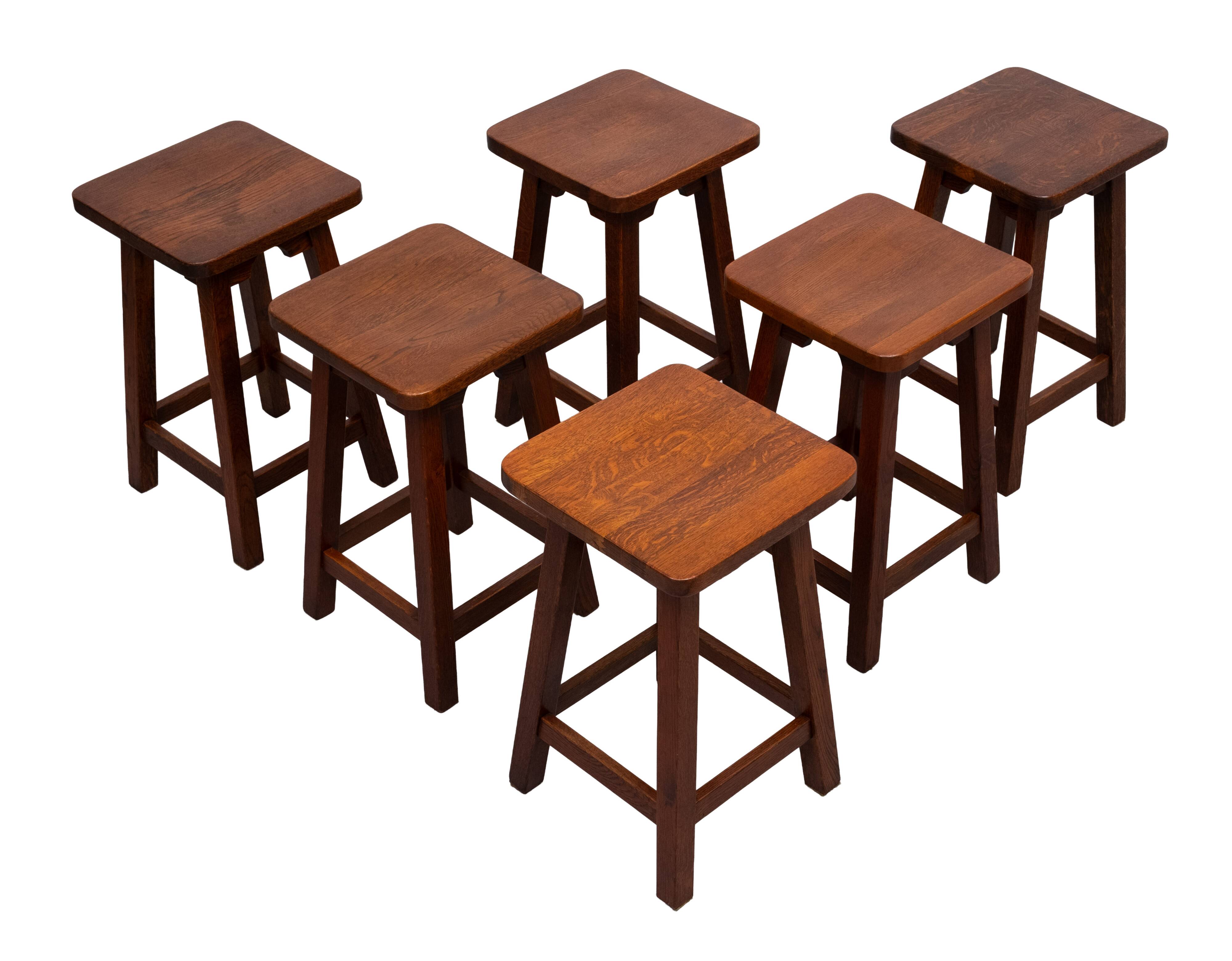 set of 6 Brutalist Solid Oak stools 1970s Holland