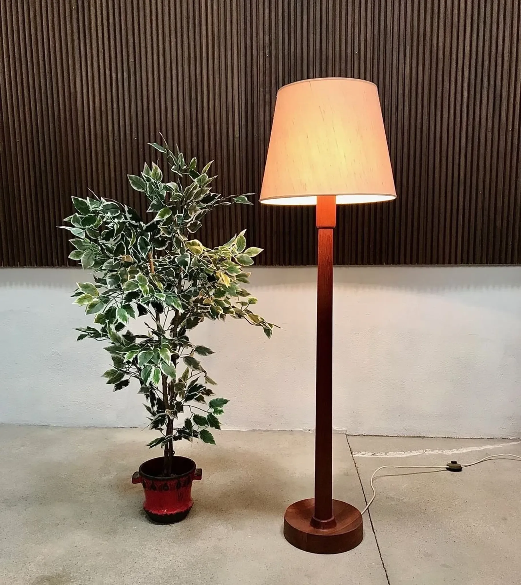 Teak Floor Lamp with Lampshade in Wild Silk, Denmark 1960s