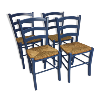 Lot de 4 chaises bleues paillées