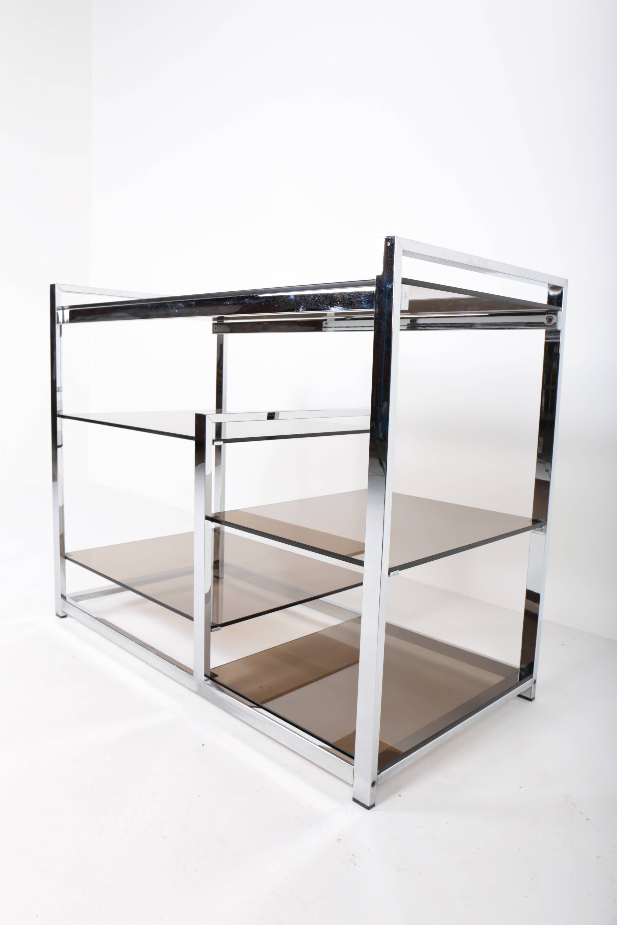 Vintage hifi or TV unit in chrome steel and smoked glass