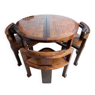 Ensemble table ronde + 4 chaises bois massif orme et bambou meubles salle mag