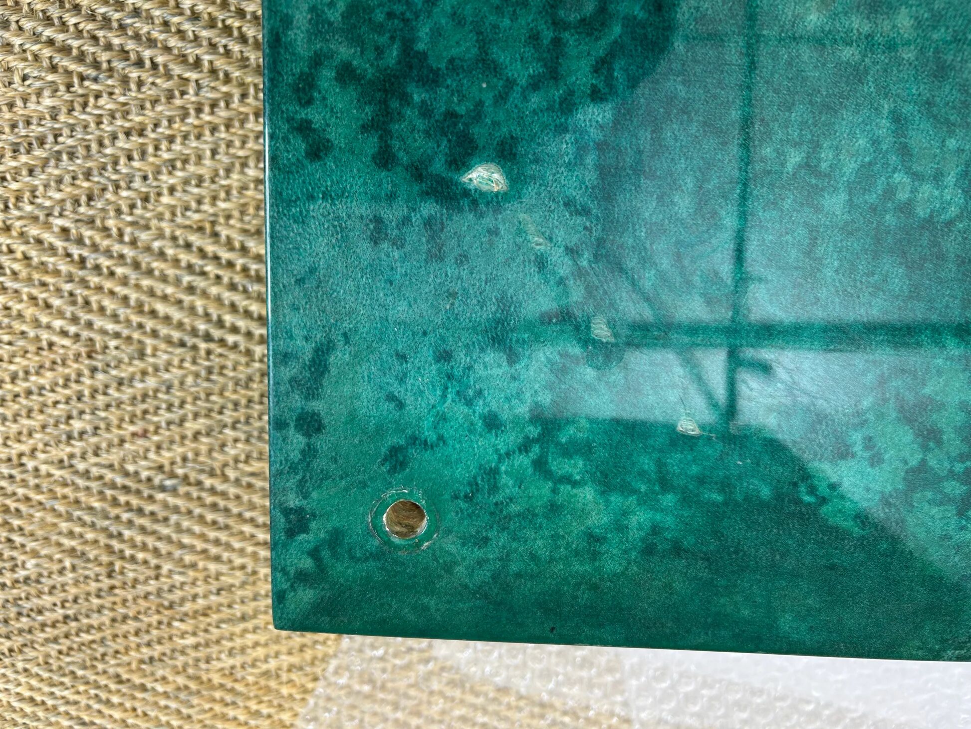 Aldo Tura side table in aqua green with brass legs and lower drawer.