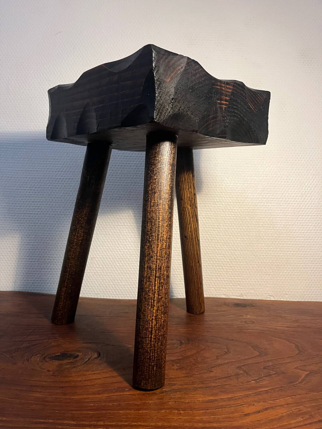 Brutalist tripod wooden stool