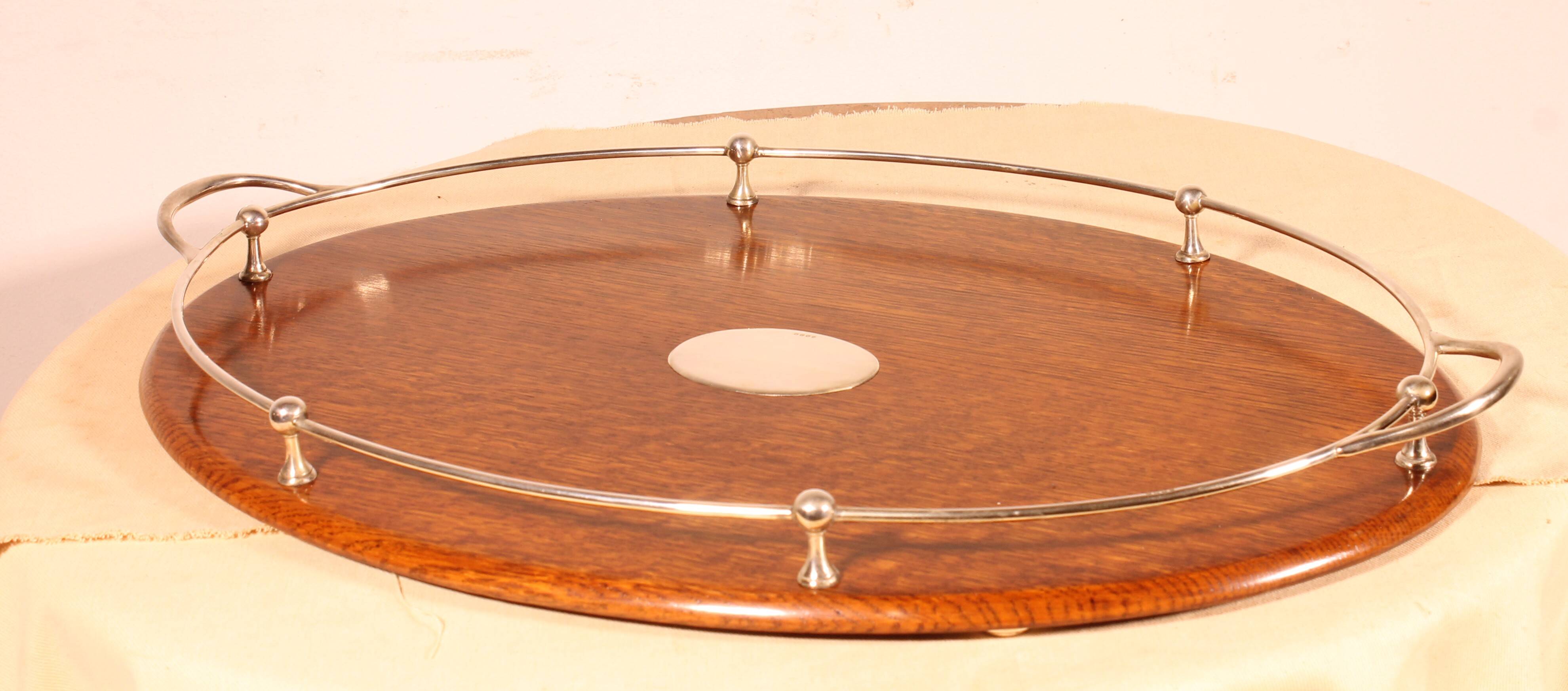 19th century silver-plated metal and oak tray