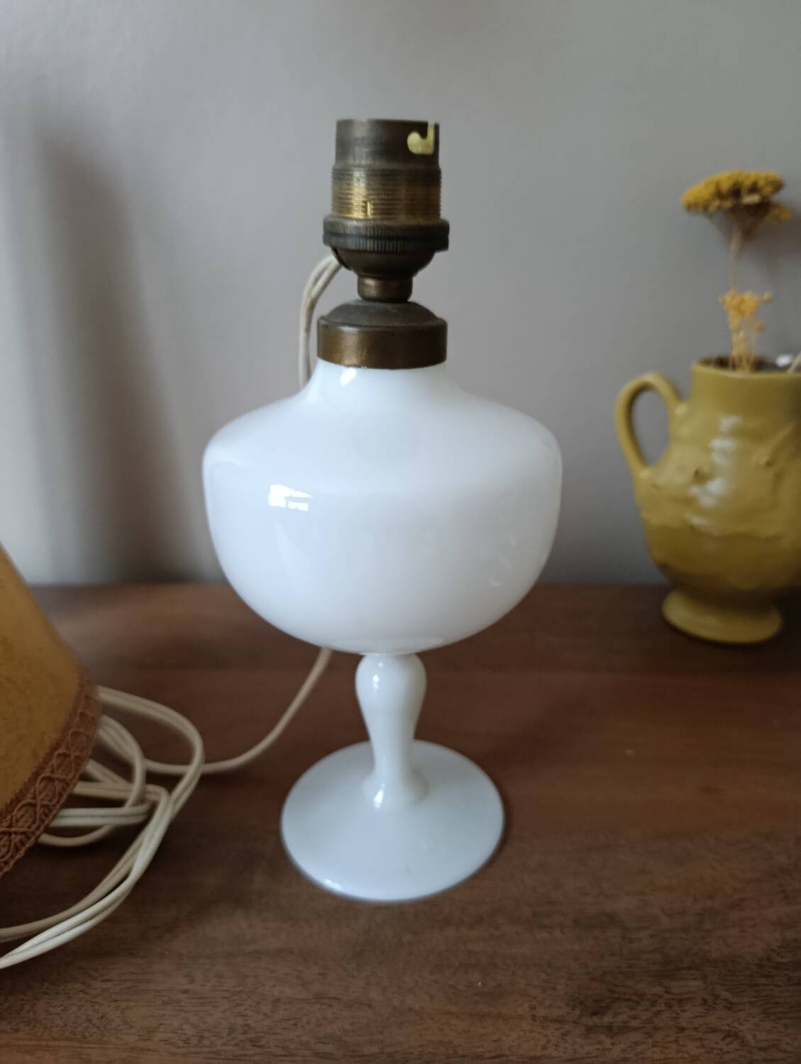 Retro white opaline table lamp, pigskin shade, 1950.