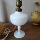 Retro white opaline table lamp, pigskin shade, 1950.
