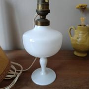 Retro white opaline table lamp, pigskin shade, 1950.