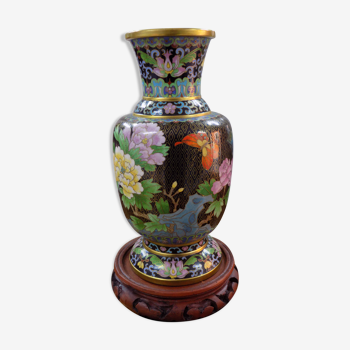 Vase cloisonné noir décors fleur et papillons sur socles bois Chine 1950