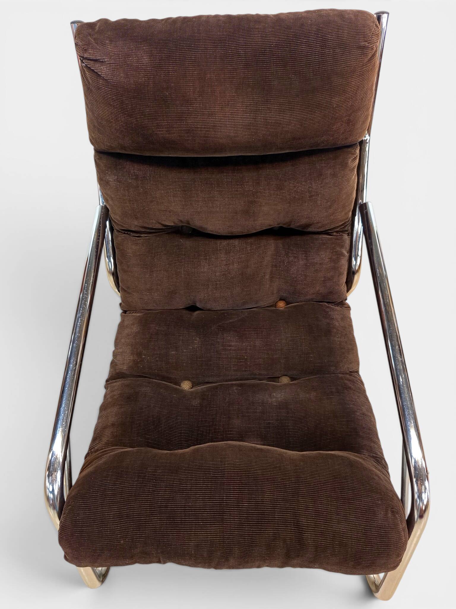 Chrome tubular lounge chair with corduroy – Space Age style 1970