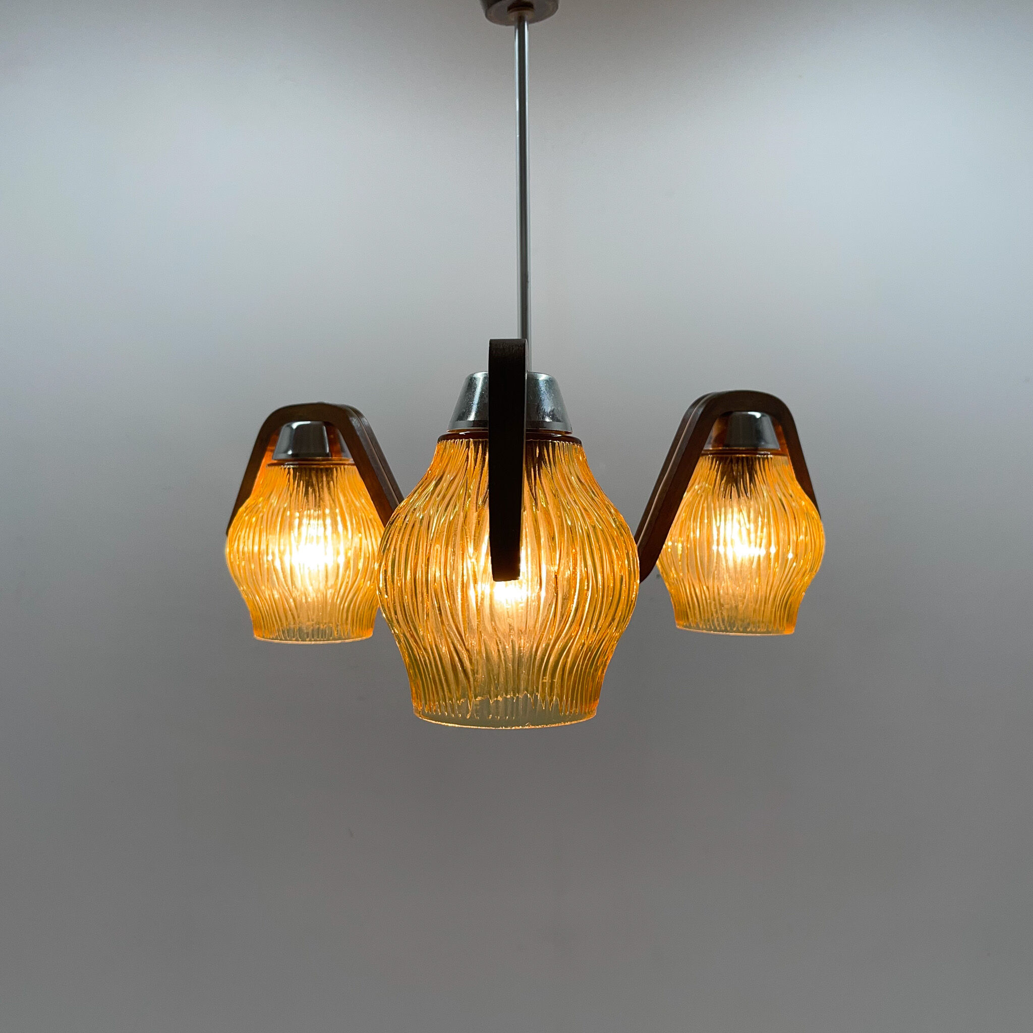 Mid-century Wood & Glass Chandelier by Dřevo Humpolec, 1960's