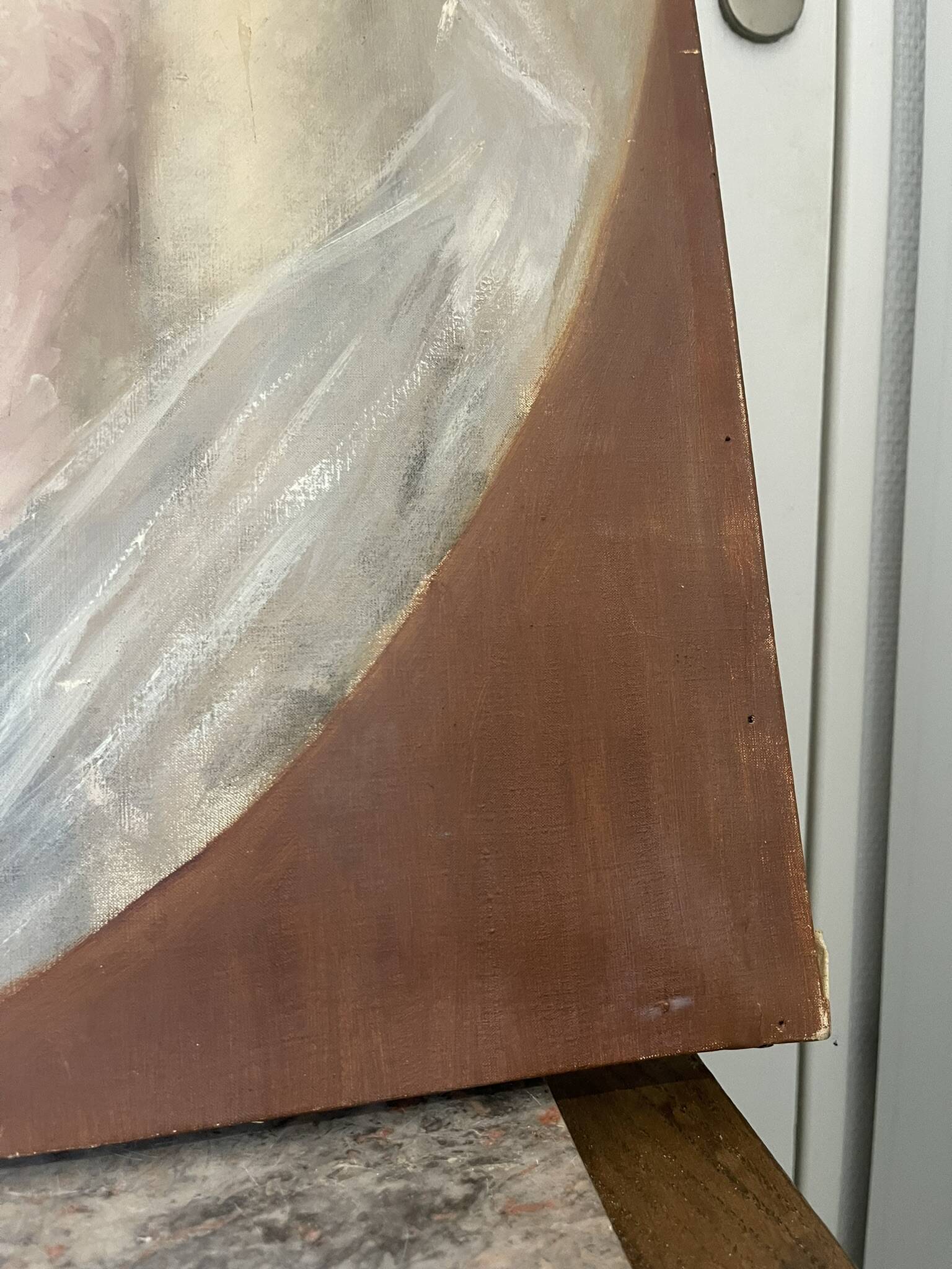 Tableau peinture huile toile portrait femme robe dentelle xixème 19ème merl