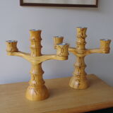 Set of 2 three-armed wooden candlesticks