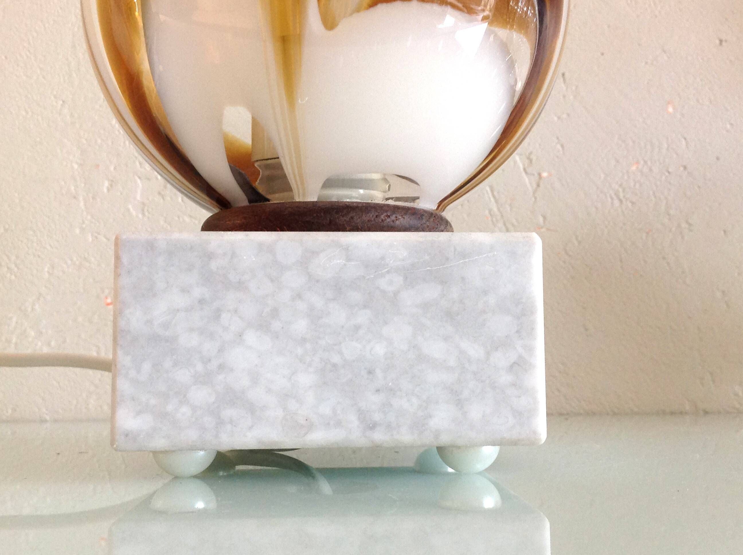 Polychrome glass globe lamp on marble base / vintage 60s-70s