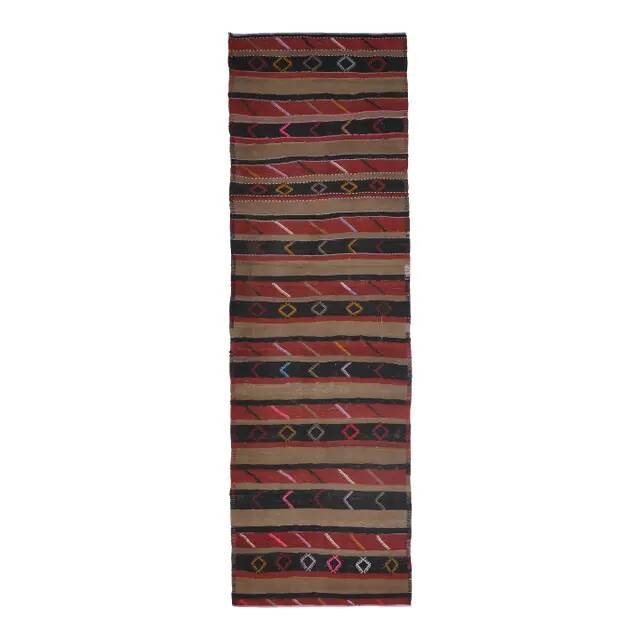 1970s Turkish Oushak Handmade  Red Brown Kilim Runner Rug 108x350