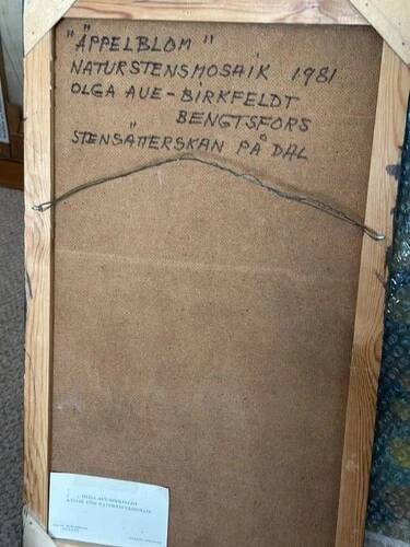 Swedish Stone work on Panel “Äppelblom” By Olga Aue‑Birkfeldt, Framed 52×32cm