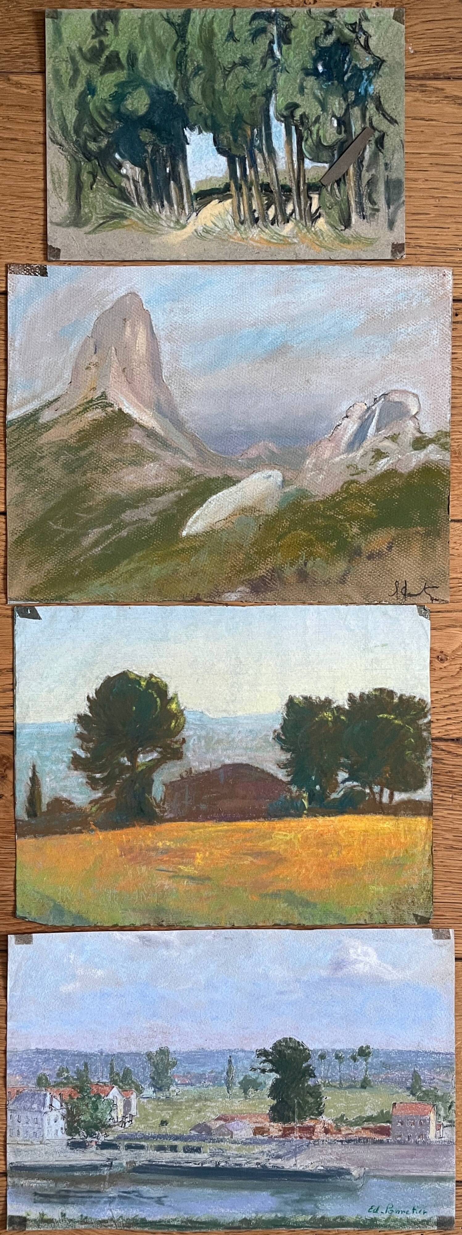 Paintings set of 4 drawings by Ed. Pannetier (1884-1965) Provence Côte d'Azur