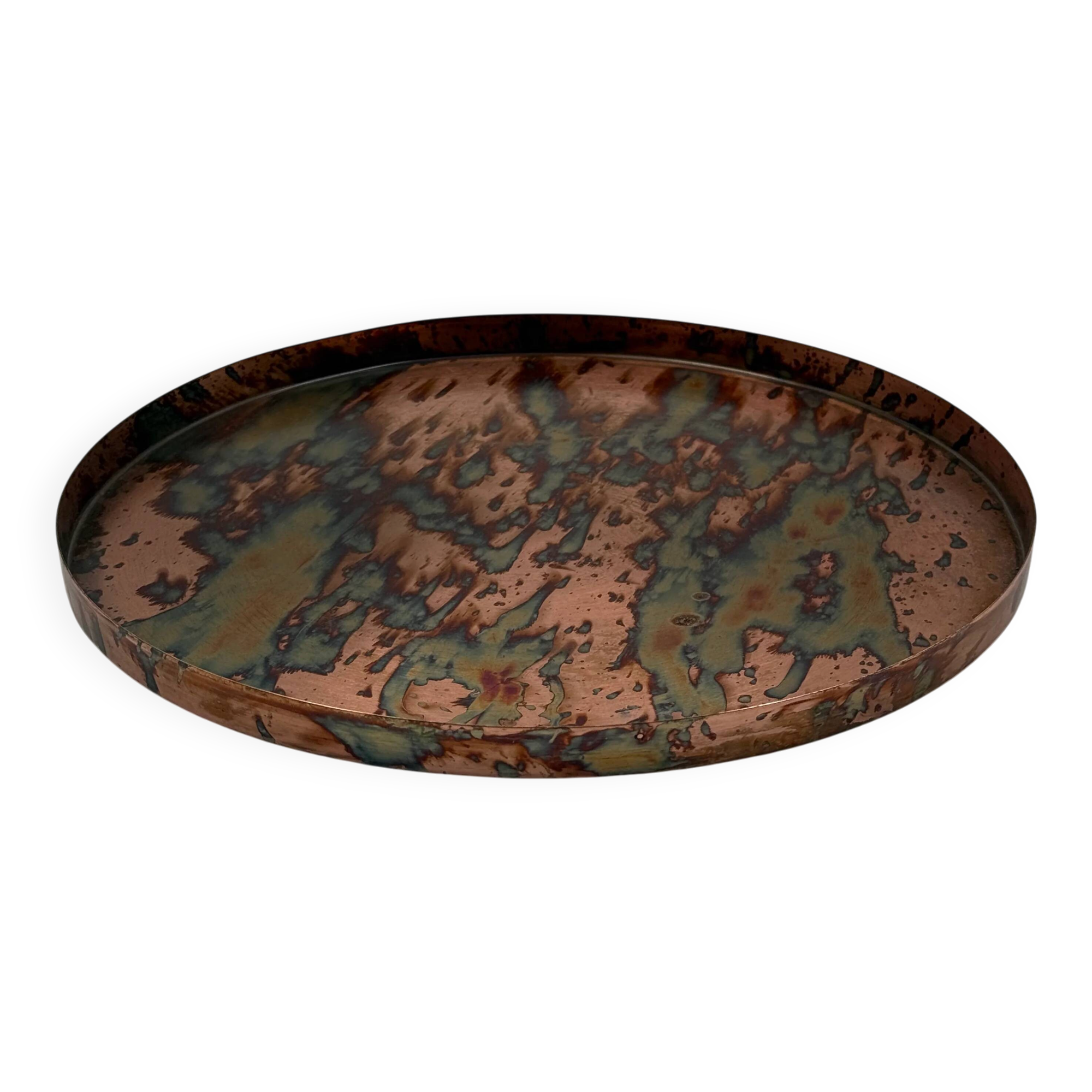 Round patinated copper platter, textured finish