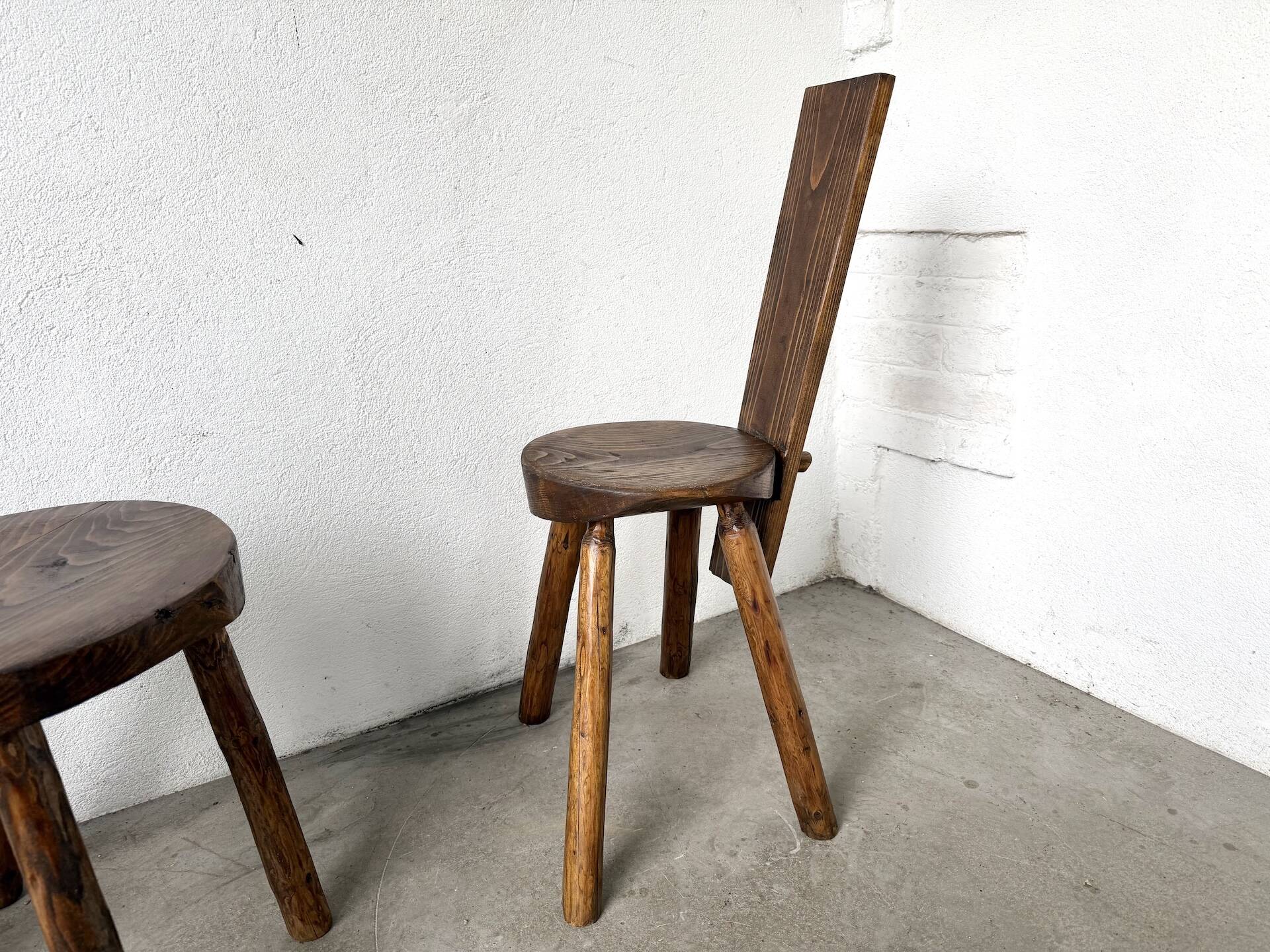 Set of three alpine chairs in solid pine, France, 1950s.