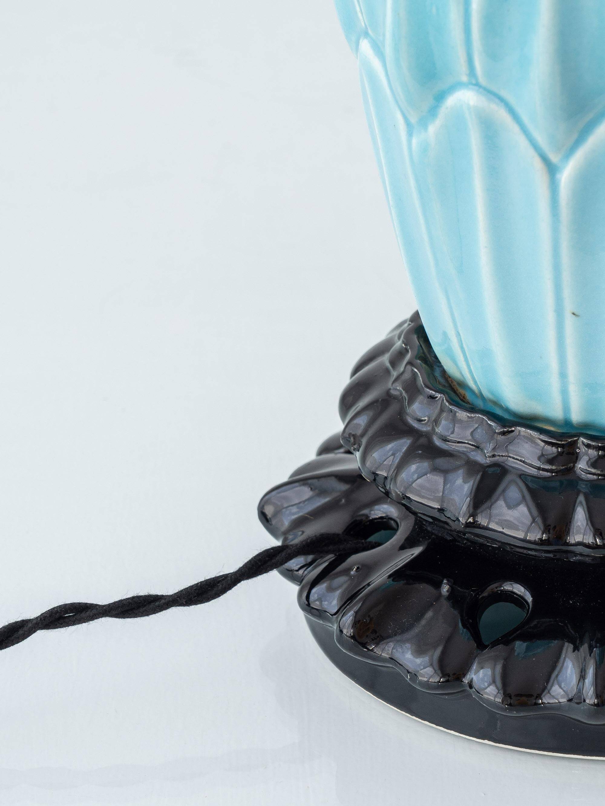 XXL Spanish sculptural table lamp in turquoise ceramic, 1960s, new Liberty lampshade.