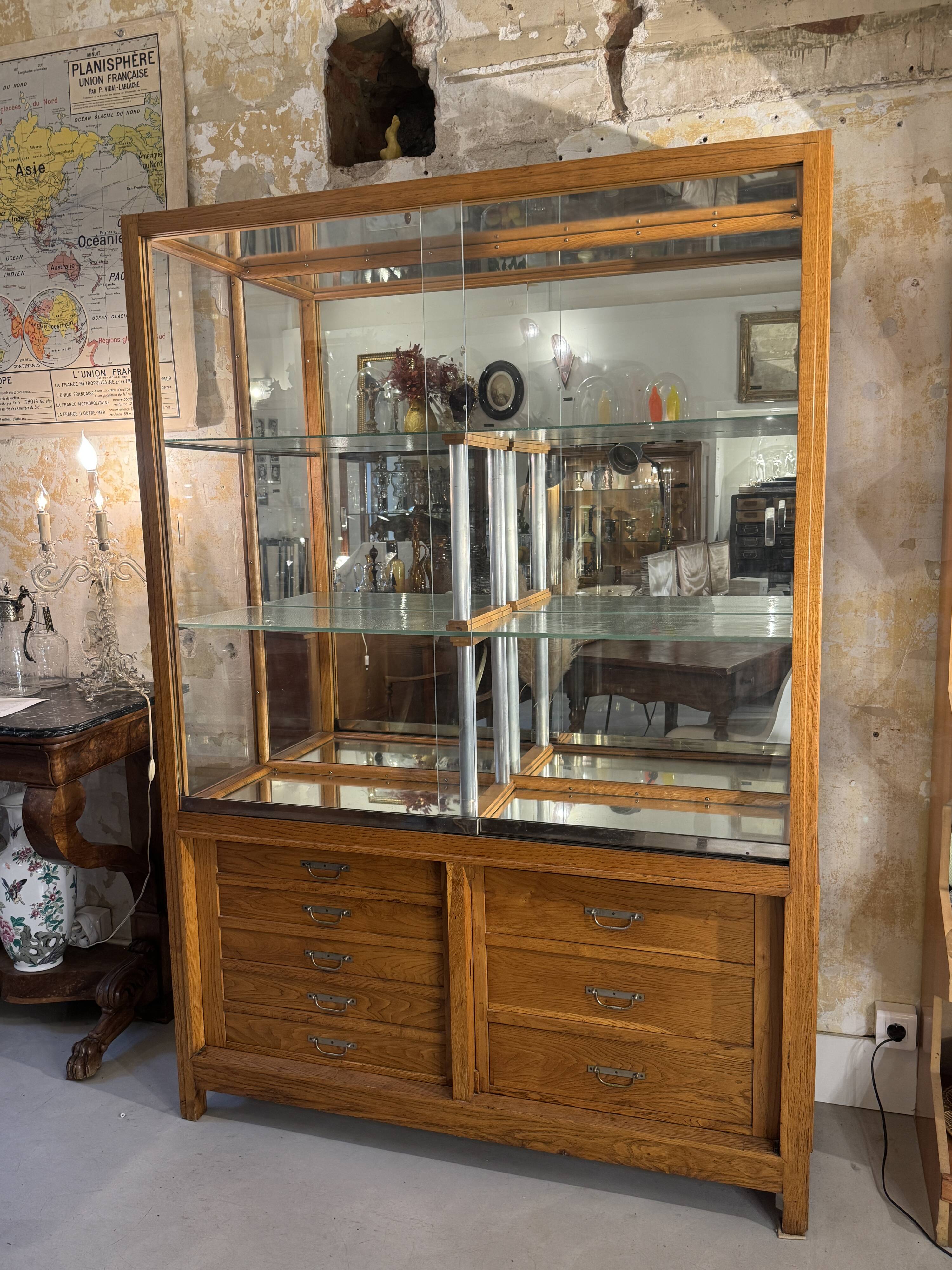 Large antique oak shop display cabinet
