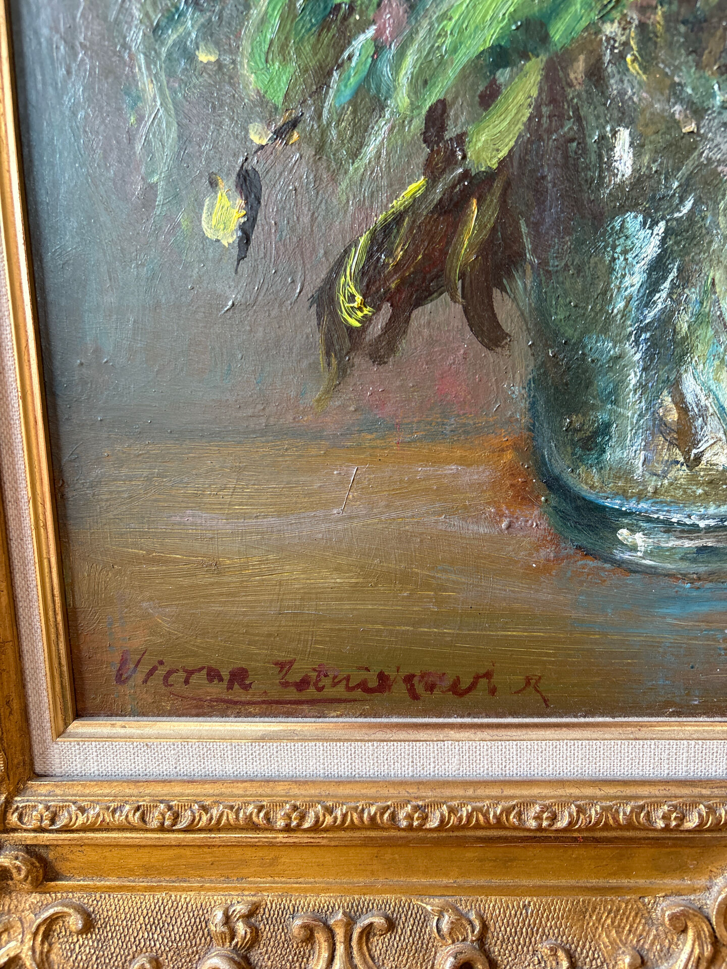 Large painting by Victor Zolnierowicz, peonies, oil on canvas, frame year