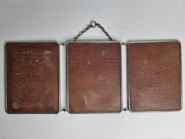 Ancien miroir de barbier triptyque, cadre métal et dos simili cuir 1930