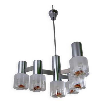 Three-Arm Blown Glass and Metal Chandelier Produced by Mazzega,