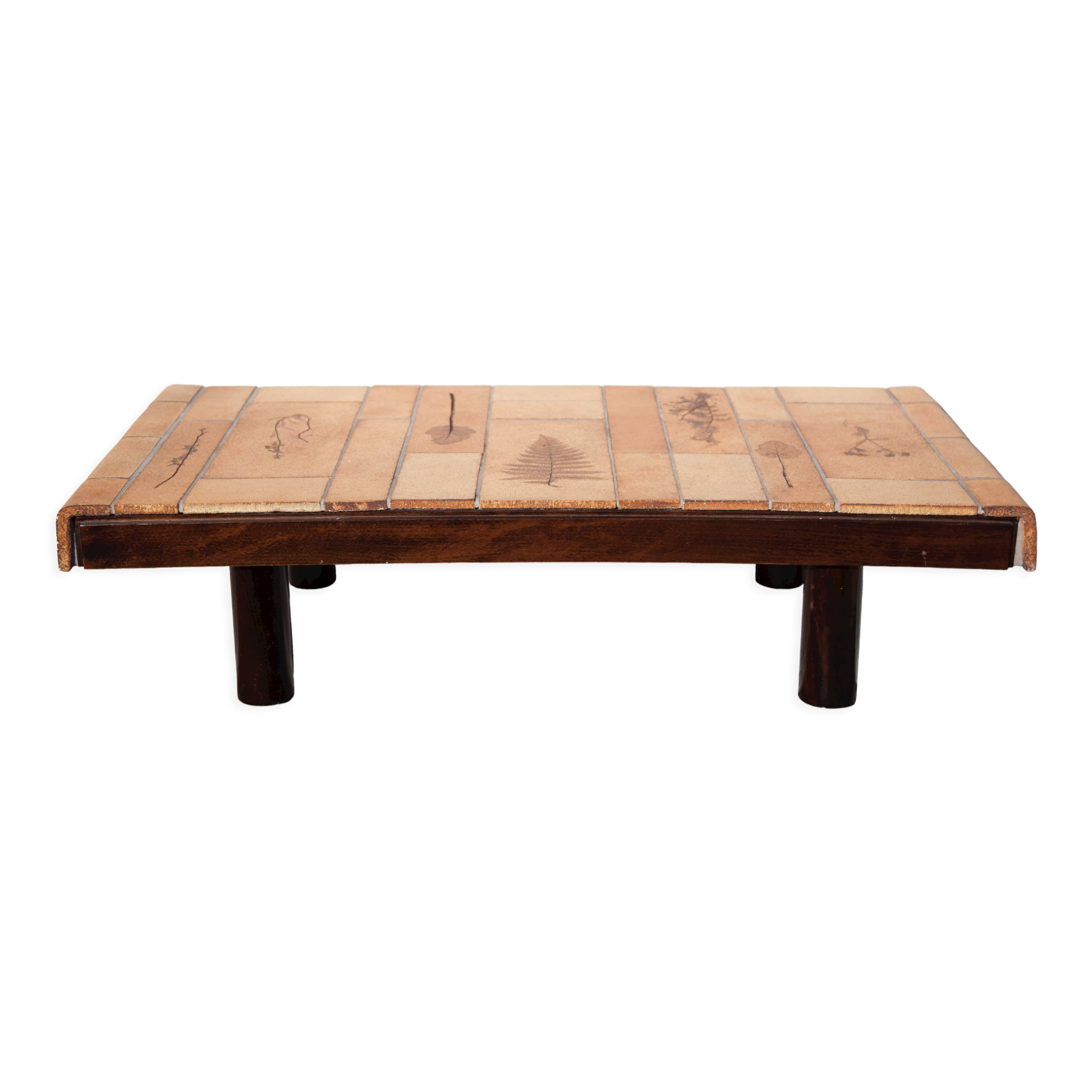 Coffee table roger Capron ceramic and wood herbariums, signed table, 60s