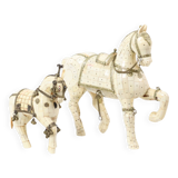 Pair of Decorative Wooden Horses Covered with Bone Mosaic Silver Plated