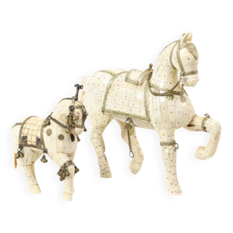 Pair of Decorative Wooden Horses Covered with Bone Mosaic Silver Plated
