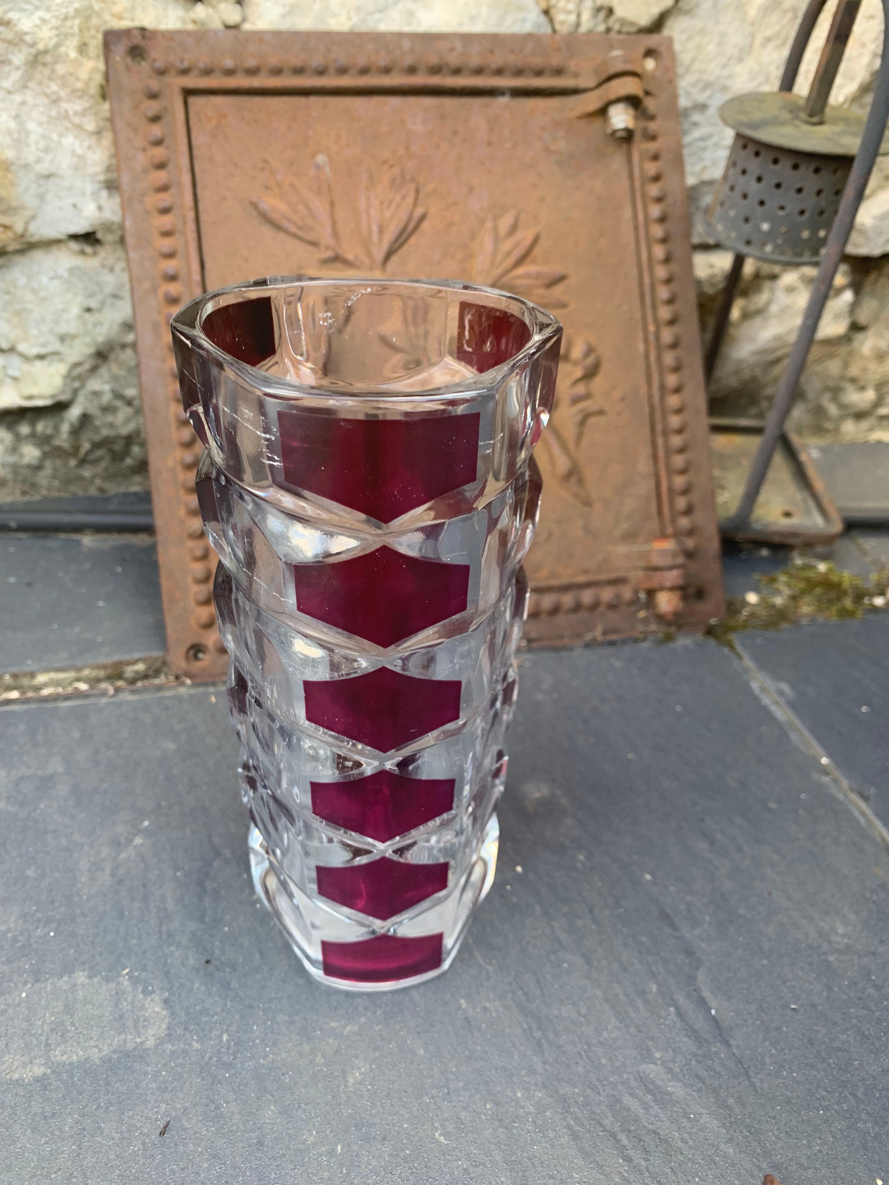 Transparent glass vase and burgundy design and vintage 1970