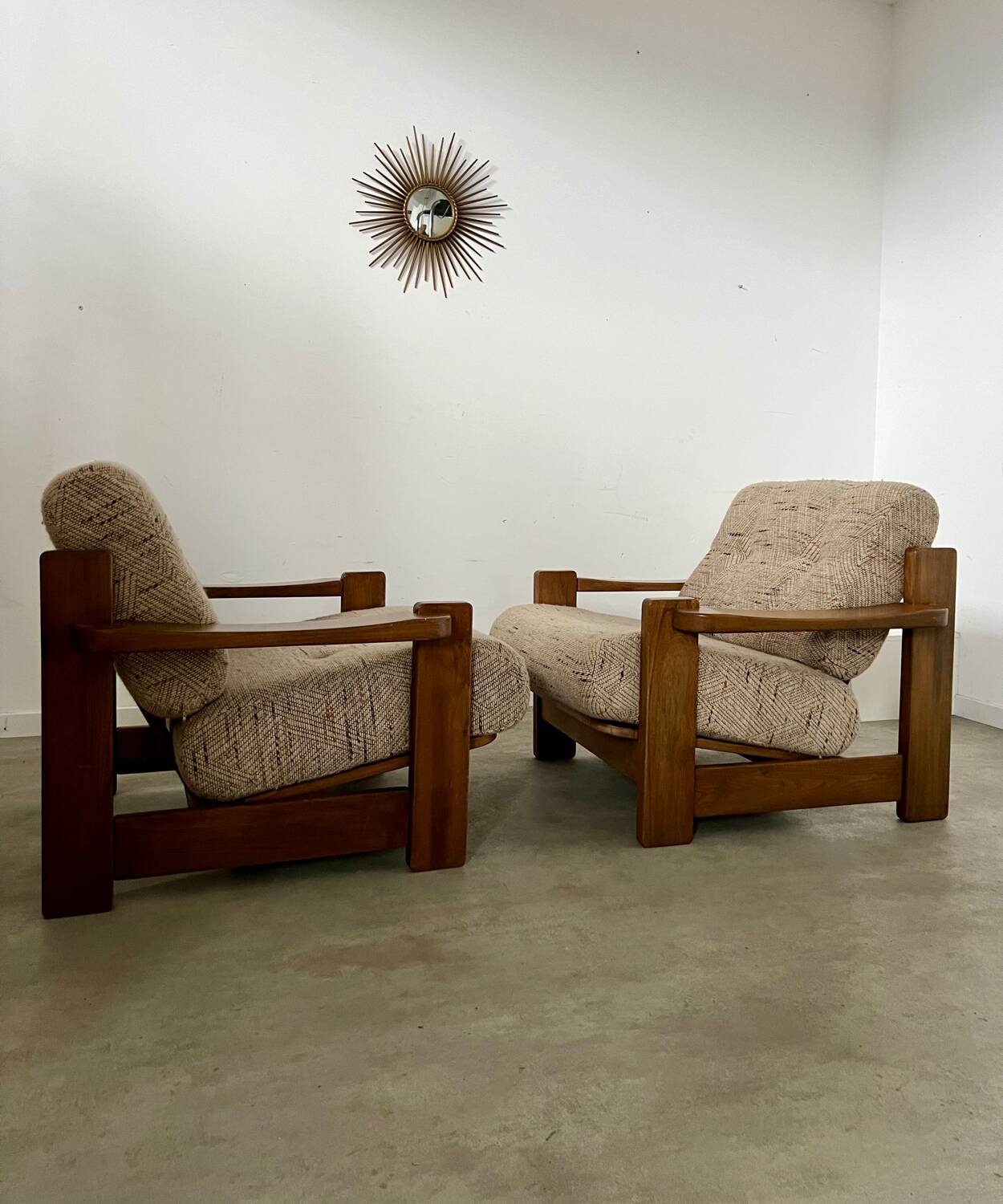 Lot of 2 solid elm armchairs, Maison Regain design, 70s vintage