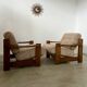 Lot of 2 solid elm armchairs, Maison Regain design, 70s vintage